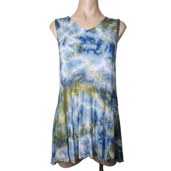 Yak N Yeti Size S Sleeveless Tie Dye Blue Green Eyelet Tunic Summer Top - Picture 1 of 9